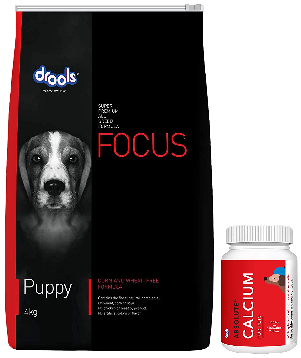 Drools Focus Puppy Super Premium Dog Food, 4Kg & Absolute Calcium Tablet- Dog Supplement, 110 Pieces
